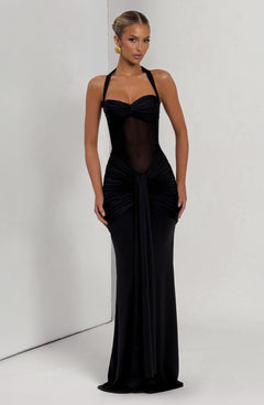 Evana Ruched Mesh Maxi Dress