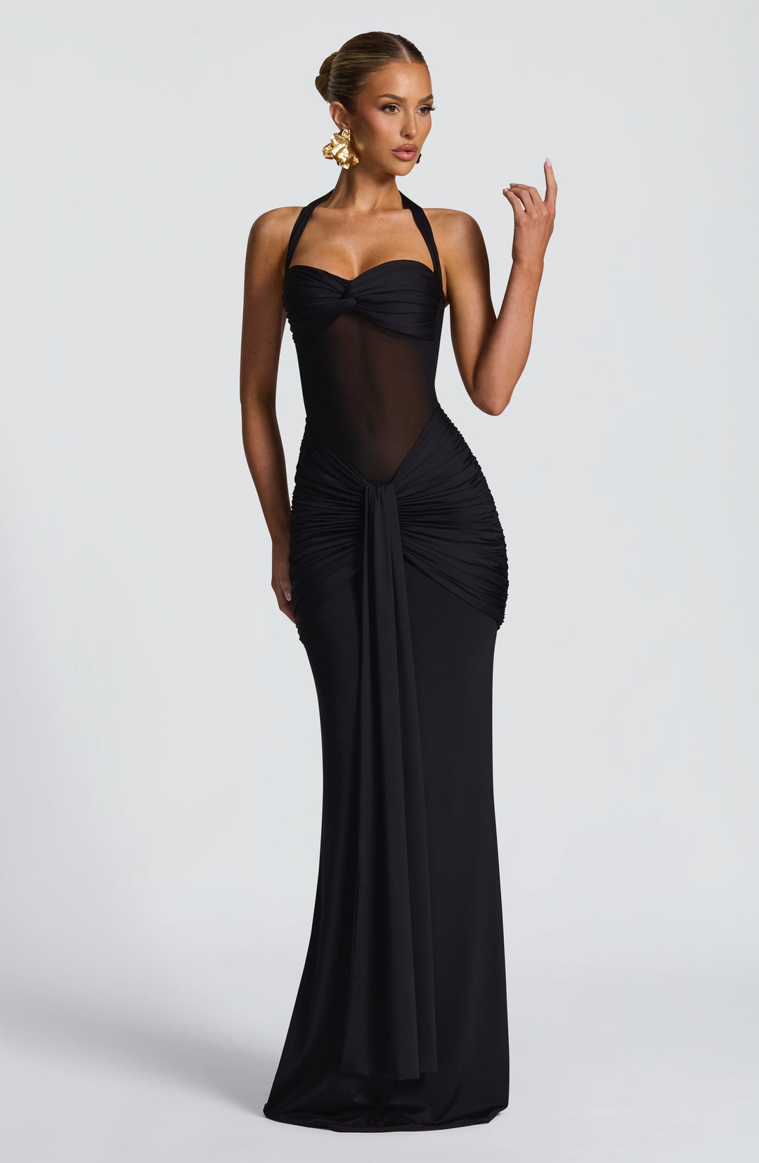 Evana Ruched Mesh Maxi Dress