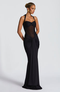 Evana Ruched Mesh Maxi Dress