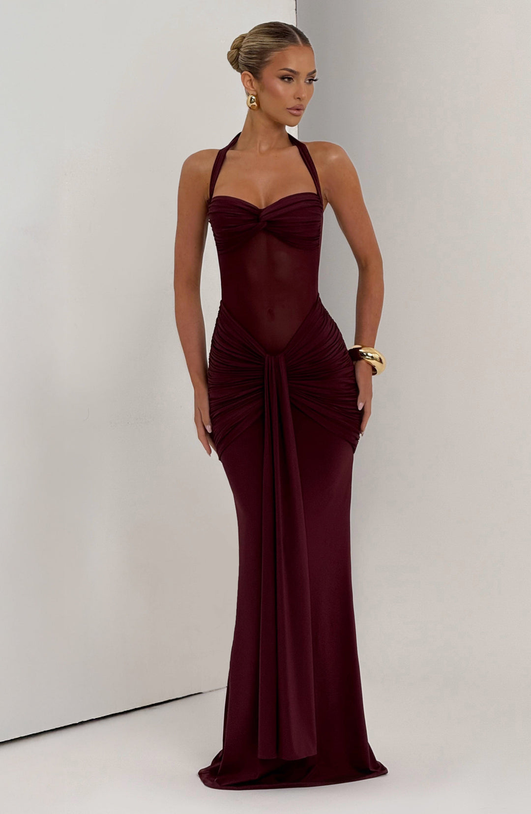 Evana Ruched Mesh Maxi Dress