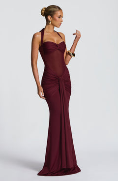 Evana Ruched Mesh Maxi Dress