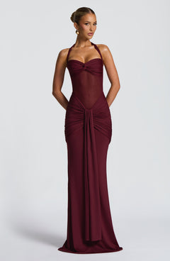 Evana Ruched Mesh Maxi Dress