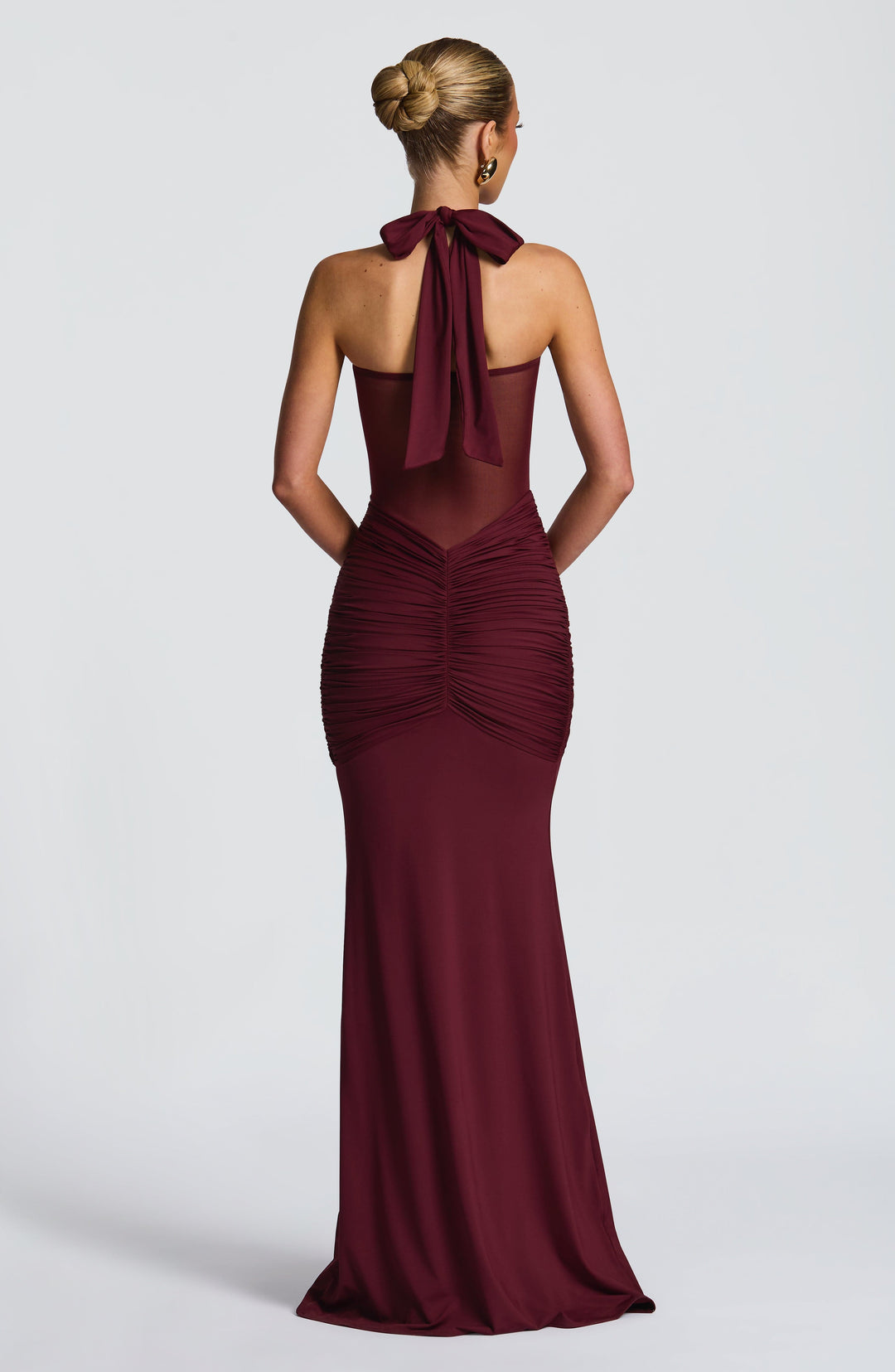 Evana Ruched Mesh Maxi Dress