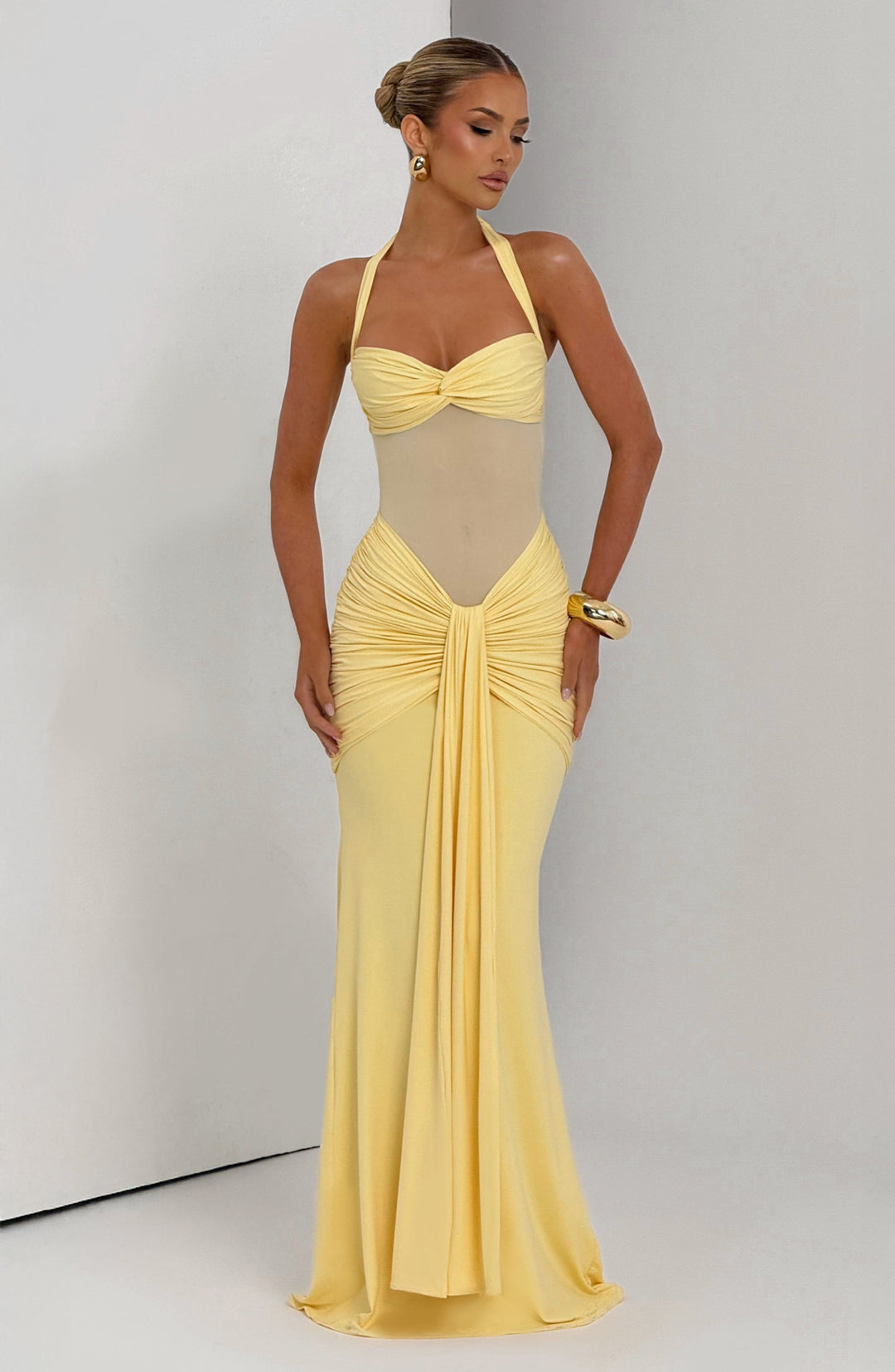 Evana Ruched Mesh Maxi Dress