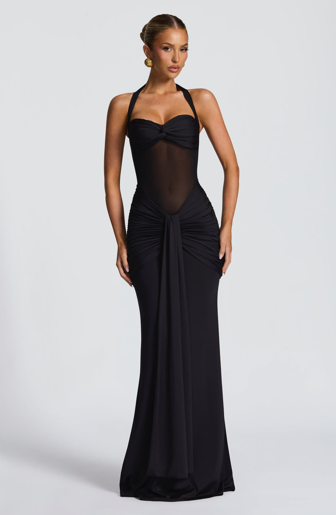 Evana Ruched Mesh Maxi Dress