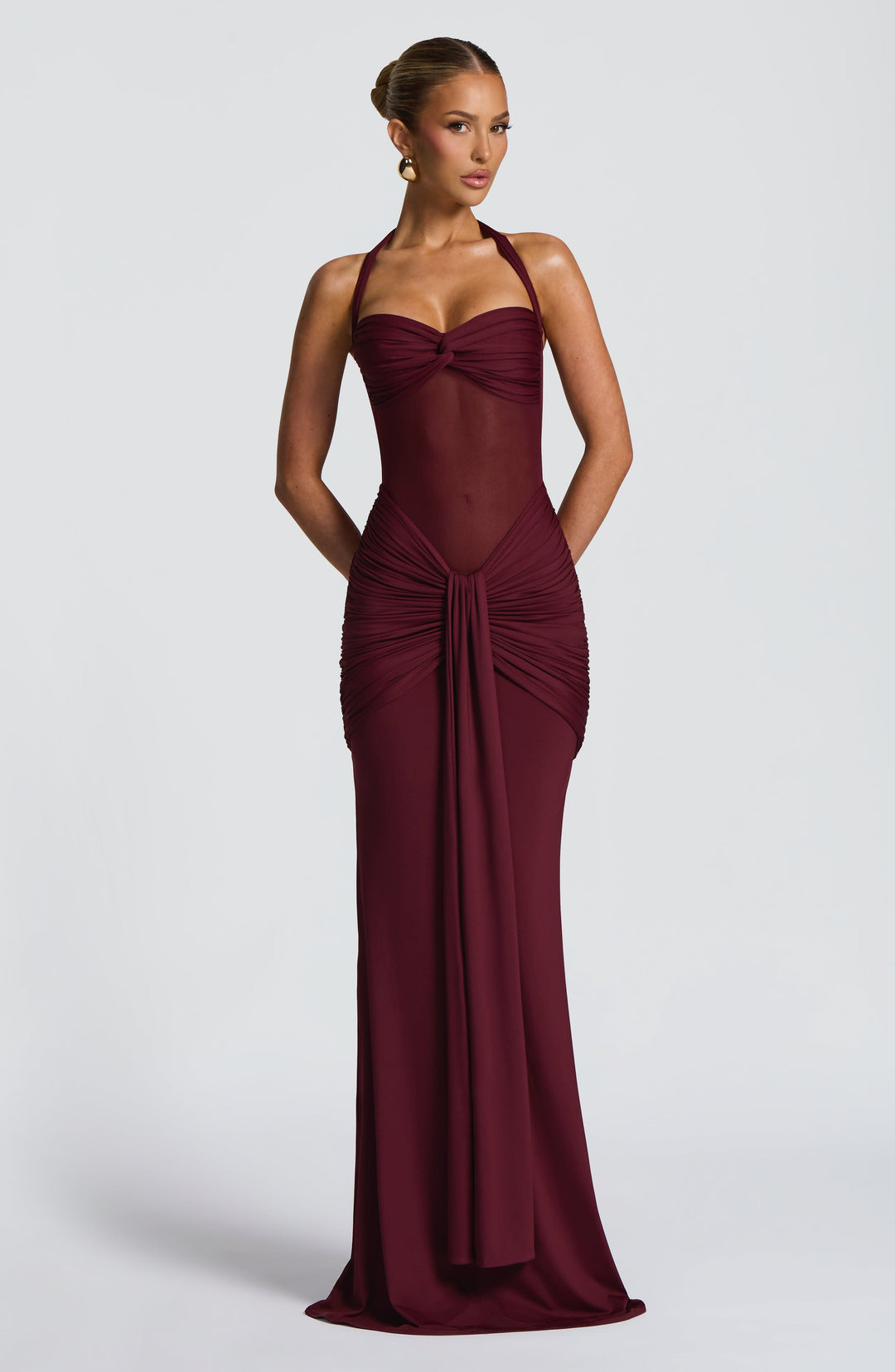 Evana Ruched Mesh Maxi Dress