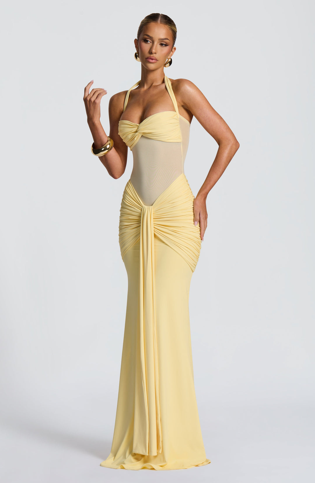 Evana Ruched Mesh Maxi Dress