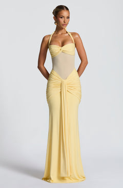 Evana Ruched Mesh Maxi Dress