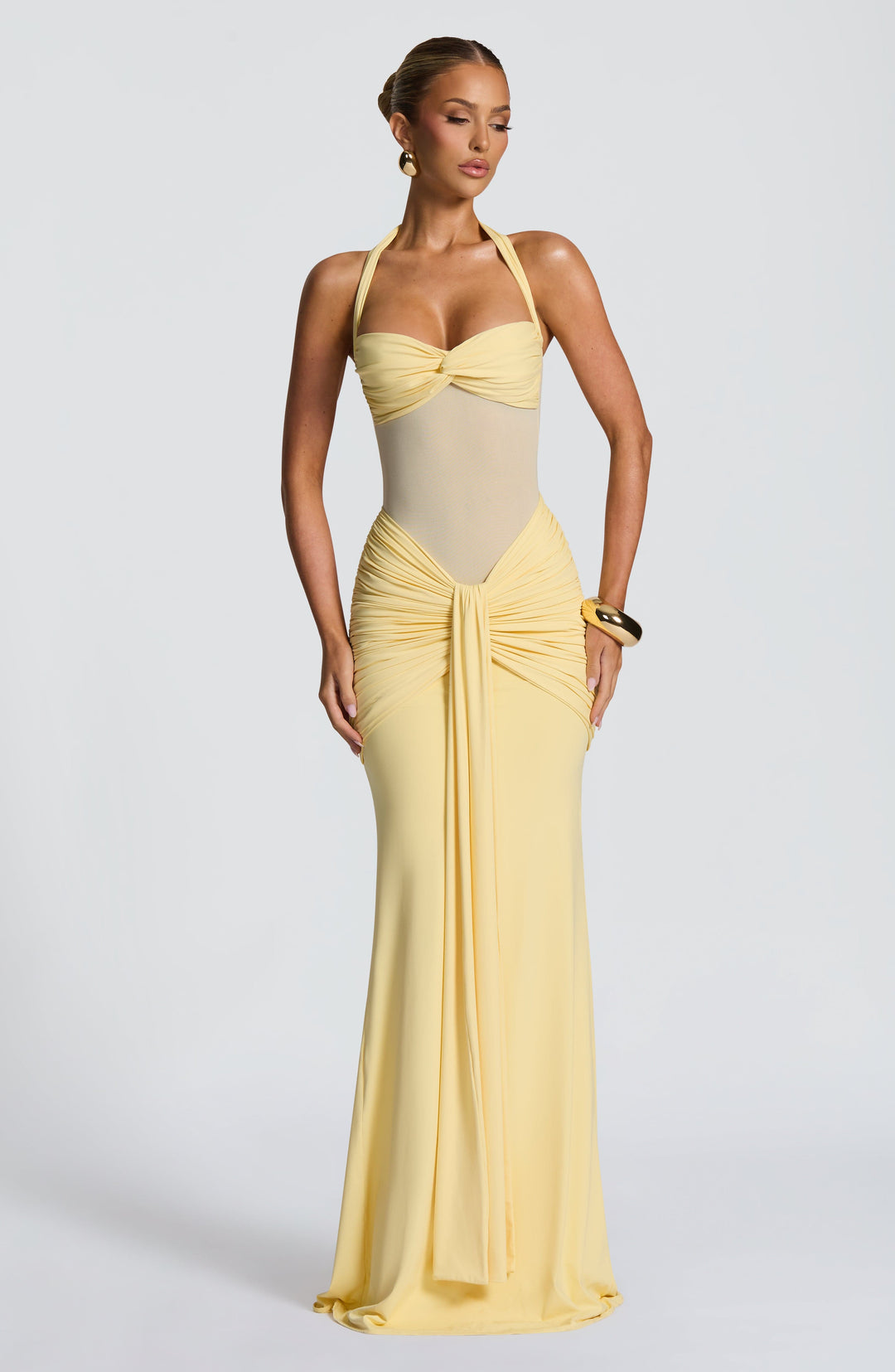 Evana Ruched Mesh Maxi Dress